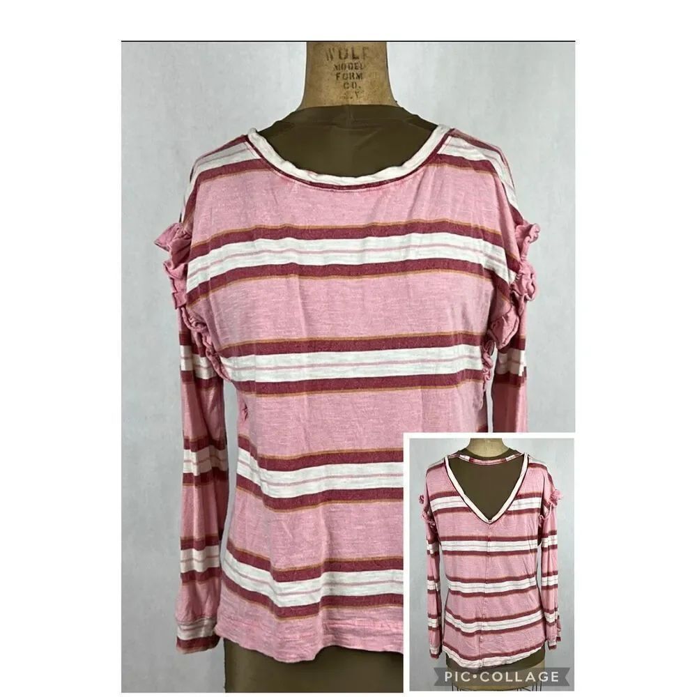 Pilcro Womens Top Sz S Pink Red White Stripe Ruffle Long Sleeve V Anthropologie
